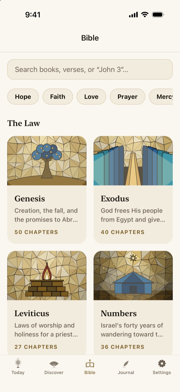 The Bible tab: a search box, topic chips, and illustrated cards for Genesis, Exodus, Leviticus and Numbers.
