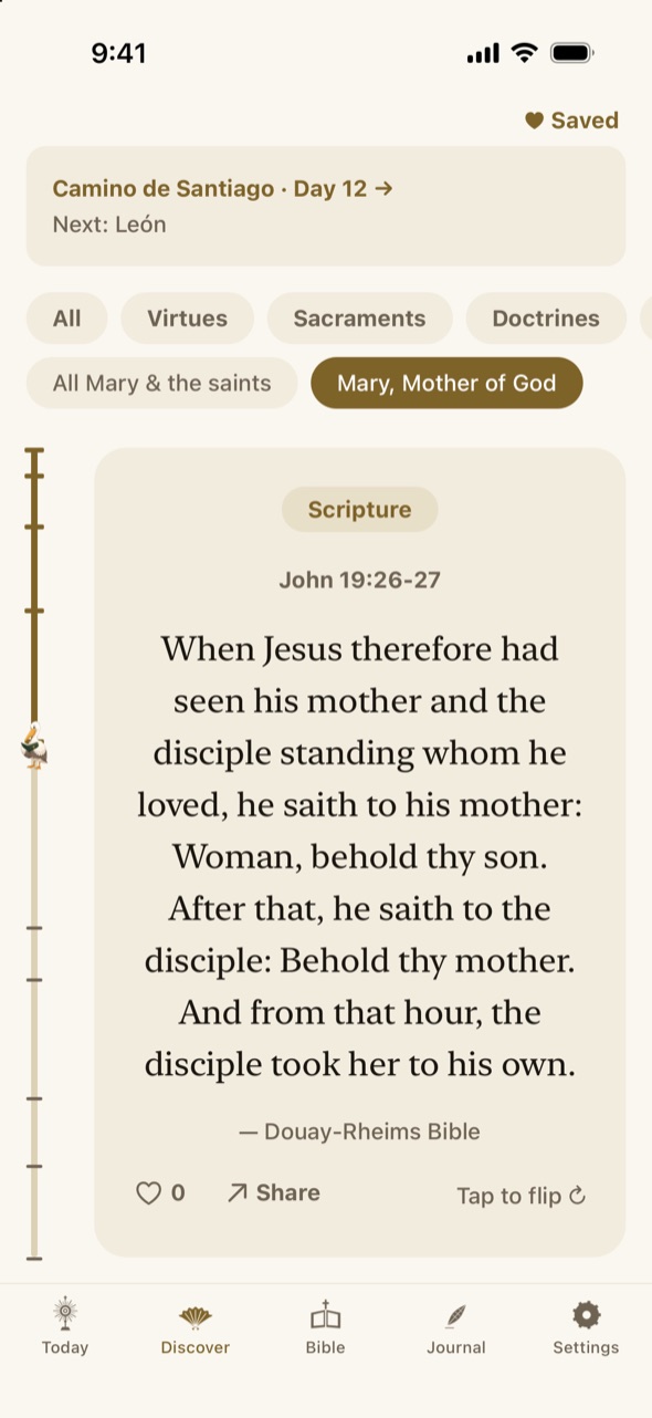 The Discover tab filtered to Mary, Mother of God, showing a Scripture card quoting John 19:26-27 in the Douay-Rheims.