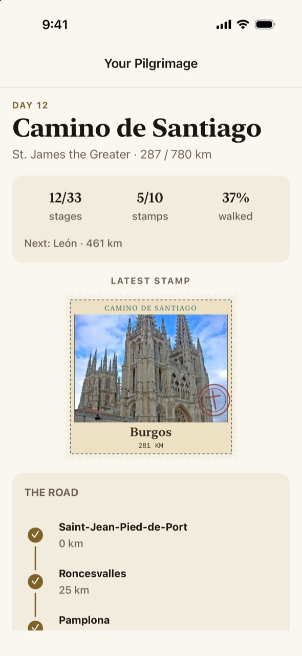 The pilgrimage screen for the Camino de Santiago: the day of the walk, stages, stamps and distance so far, the latest stamp, and the road&rsquo;s waypoints.