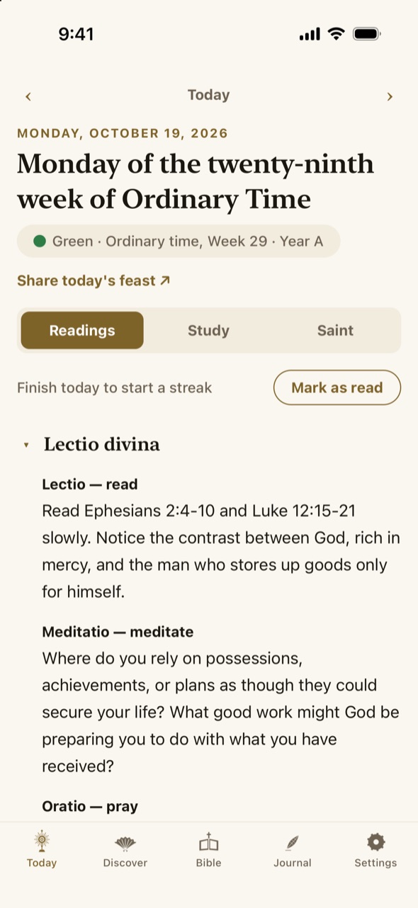 The Today screen: the date and liturgical day, Readings, Study and Saint tabs, and a lectio divina guide to the day&rsquo;s Mass readings.